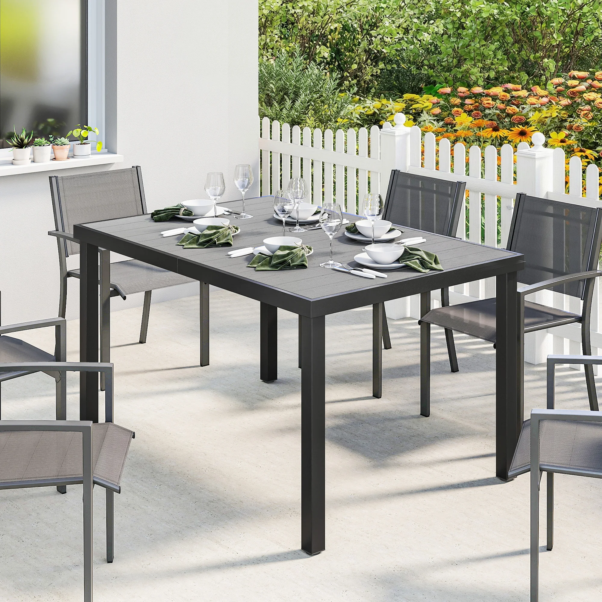 Outsunny Mesa de Jardín 140x90x74 cm, Acero y Encimera WPC, Carga 50 kg, Mesa Exterior para Terraza o Patio, Gris