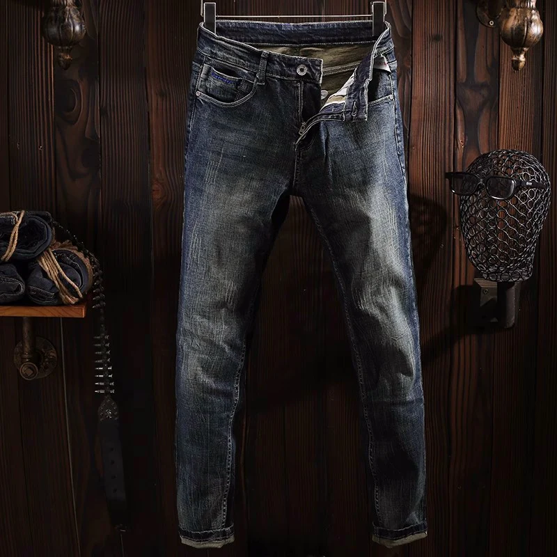 Italian Style Fashion Men Jeans Retro Blue Elastic Slim Ripped Jeans Men Straight Trousers Vintage Designer Denim Pants Hombre