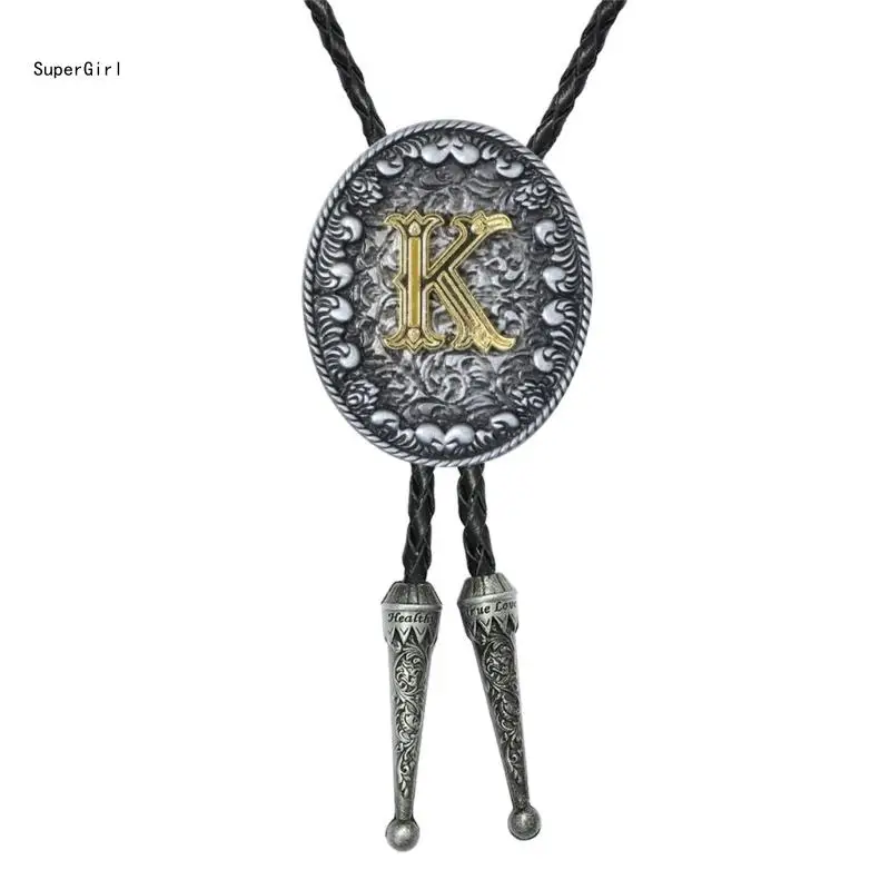 Cowboy Leather Bolo Tie with Metal Initial Letter Pendant for Rodeos Enthusiasts J78E