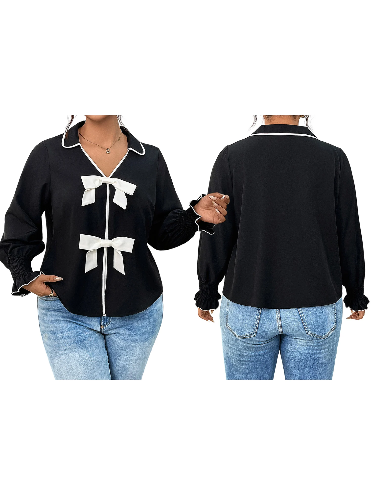 بلوزات أنيقة مقاس كبير برقبة على شكل V للنساء أنيقة بطبعة زهور وأكمام طويلة وأزرار سفلية وياقة للخريف #2