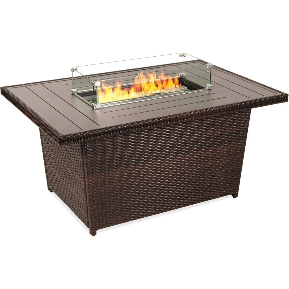 52in Propane Gas Fire Pit Table w/Aluminum Tabletop, Glass Wind Guard, Clear Glass Rocks, Cover, Slide Out Tank Holder, and Lid