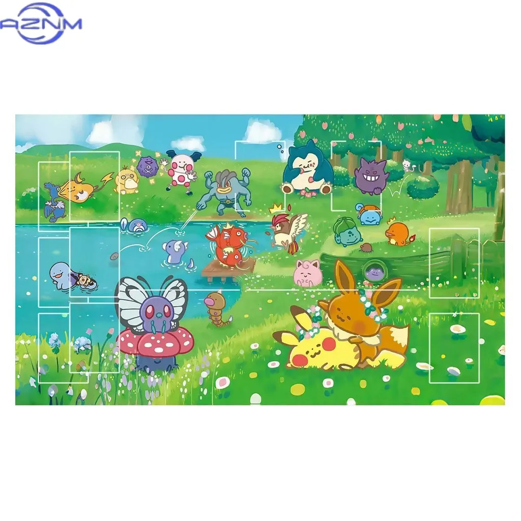 Pokemon Cheerful Meadow Pond Art Playmat with Zoned Layout for Tabletop Card Game,Non Slip Waterproof Mouse Pad