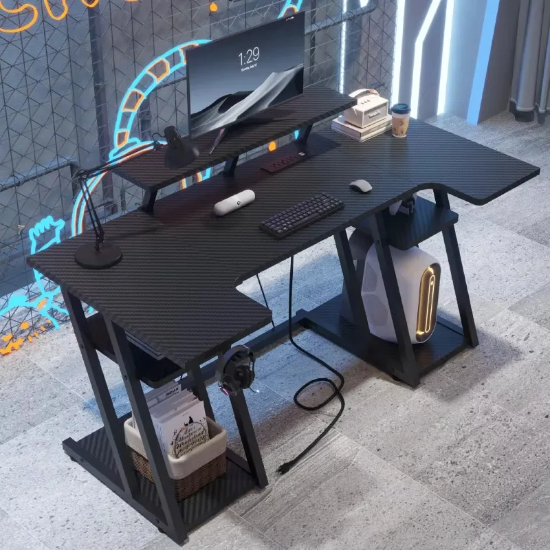 Modern U Shaped Computer Desk with Power Socket LED Light Home Office Workstation Study PC Gaming Desk with Storage Shelves