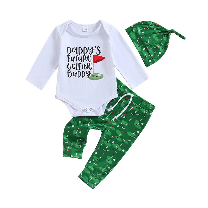 Newborn Baby Boy Girl Golf Outfit Daddy s Future Golfing Buddy Long Sleeve Romper Golf Print Pants Hat 3Pcs Set