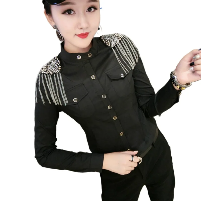 

Long Sleeve Stand Collar Tassels Cotton Shirts Women Hip Top Bead Work Cotton Blouses Shoulder Mark Tops