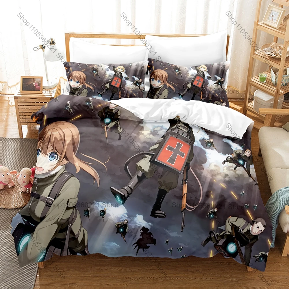 Cool The Saga Of Tanya The Evil 3Pcs Bedding Set Anime Figure Print Duvet Cover household goods Home Bedroom Decor Kawaii Kawaii