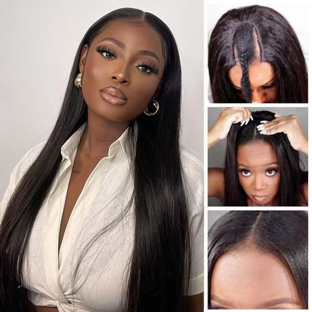 

U Part Wigs Straight Human Hair Machine Made Peruvian Hair Remy 220% Human Hair Quality Clip In Natural Black Color U Part Wigs