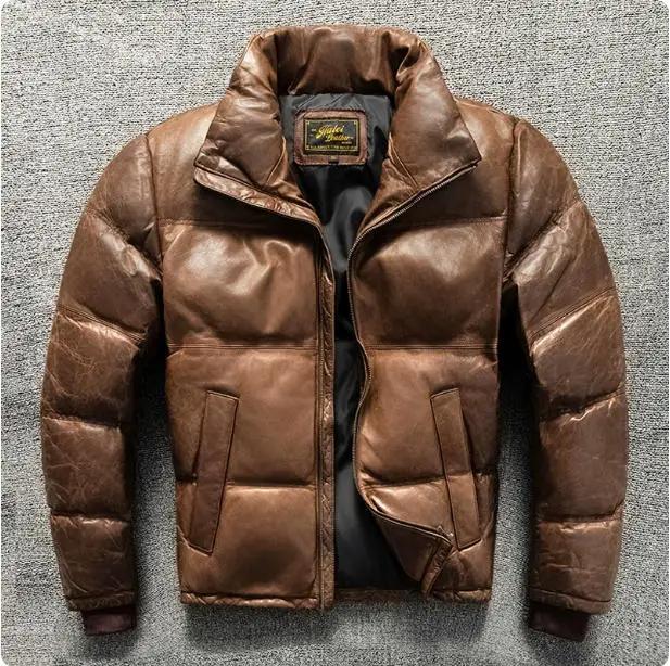 

Men's Winter Down Jacket Genuine Leather Duck Down Warm Jacket For Men Real Sheepskin Leather Coat Brown Casual Clothing