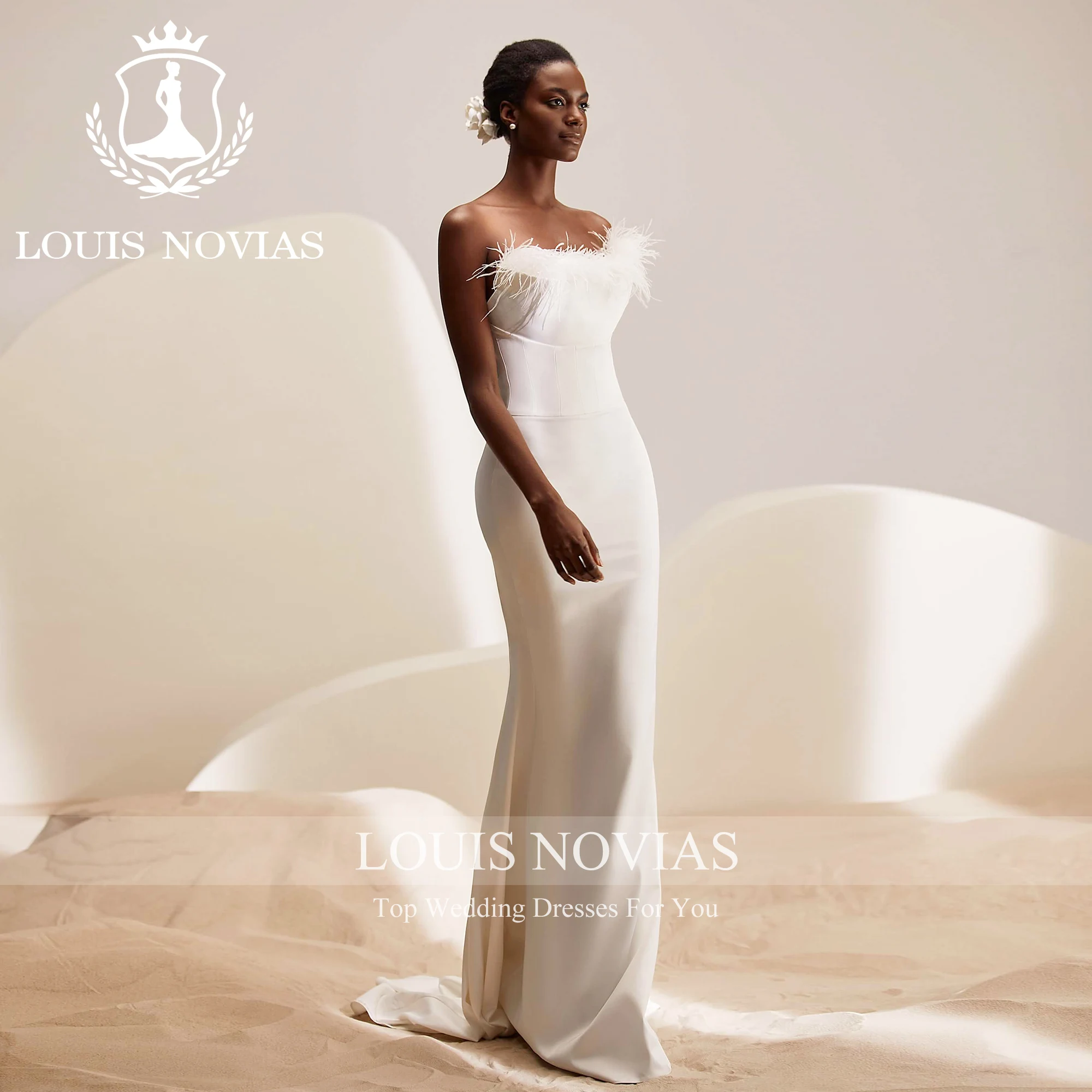 LOUIS NOVIAS Mermaid Wedding Dresses New Arrival Classic Strapless Feathers Sheath Trumpet Wedding Gown Vestidos De Novia