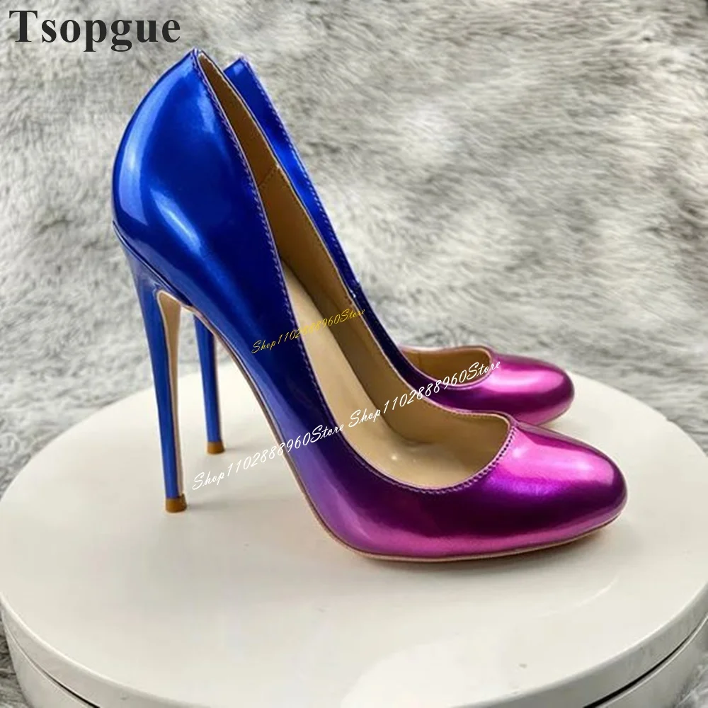 

Trendy Gradient Color Metallic Glossy Pumps Thin High Heel Shoes For Women Slip On Round Toe 2024 Fashion Zapatos Para Mujere