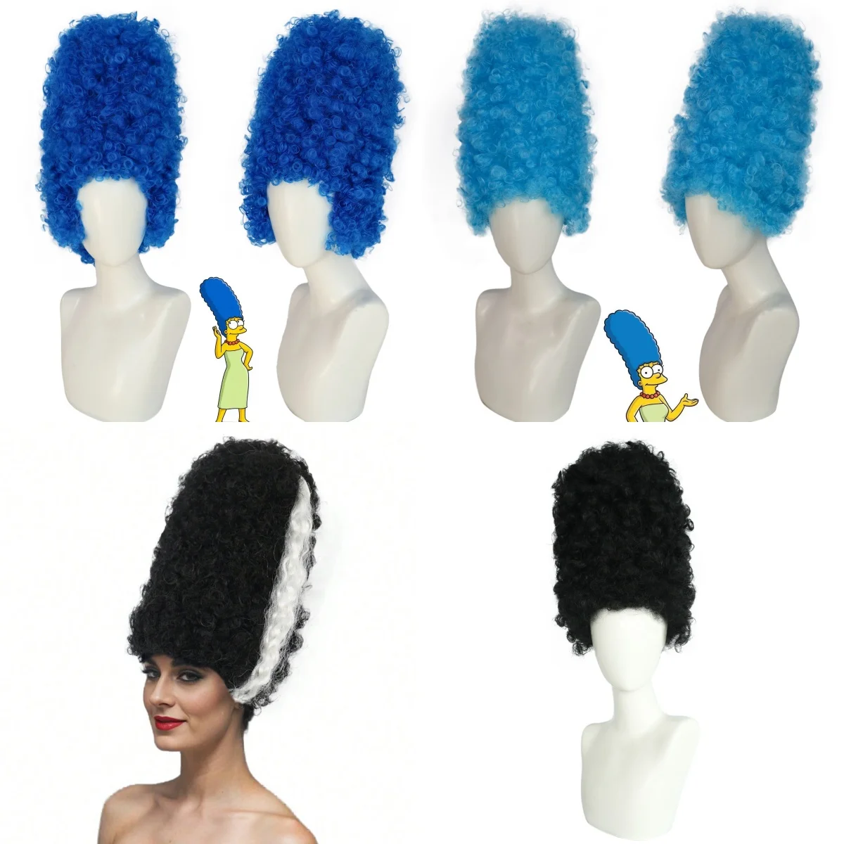 Blue, black high hat curly hair fluffy synthetic role-playing wig, suitable for dressing up at comic book exhibitions, Halloween