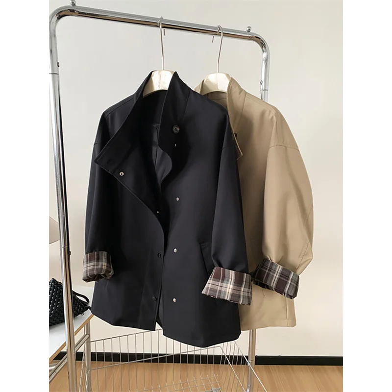 SuperAen Trench a maniche lunghe con giunture scozzesi a colori a contrasto Allentato dimagrante stile Inghilterra Donna Autunno Nuovi cappotti oversize