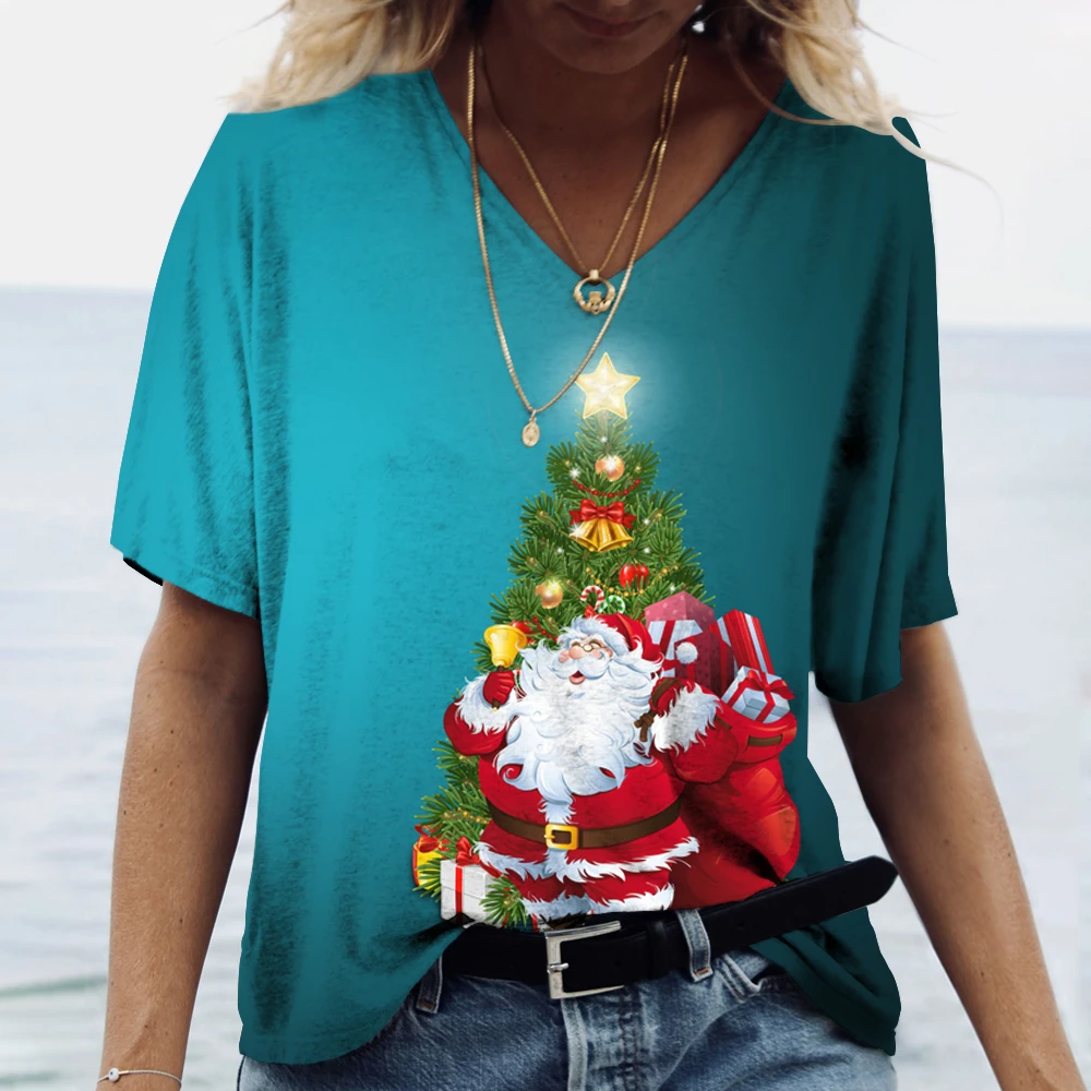 

Merry Christmas Women's V-Neck T-Shirt Fashion 3D Creative Santa Clause Print Short Sleeve Tees Loose Casual Comfortable Clothes
