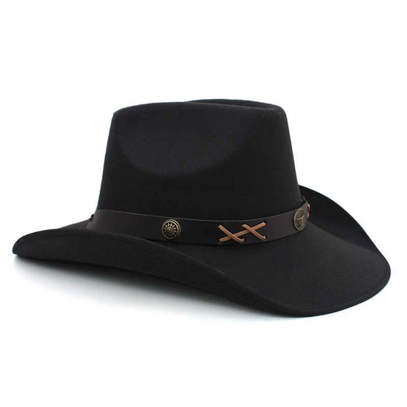 Men Women Woolen Western Cowboy Hats Wide Brim Sunhats Party Travel Sombrero Outdoor Caps Classical Retro US Size 7 1/4 UK L