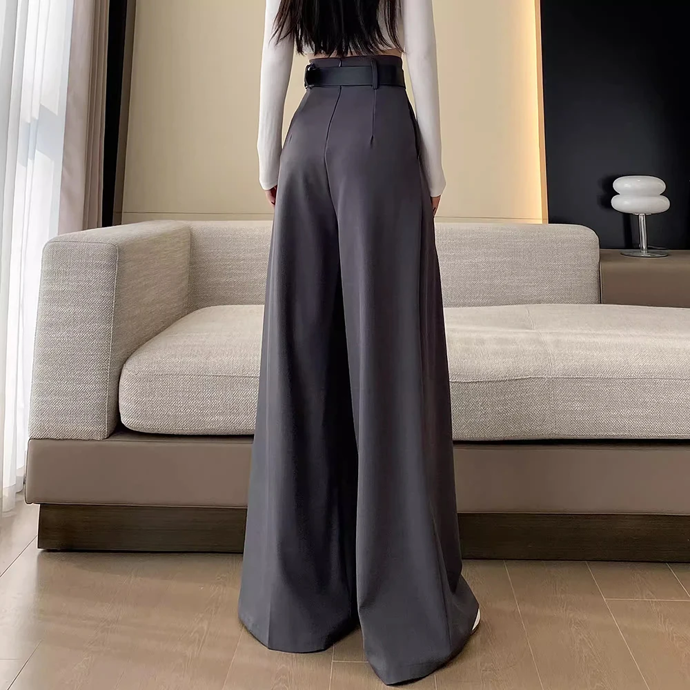 Pleated High Waist Straight Pants Ladies Fashion Wide Leg Pants Gray Suit Pants Women\'s Autumn Winter Casual Office Trousersual