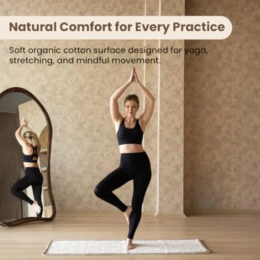 Yoga mat for home and studio use, organic cotton, natural beige and soft gray, reversible seamless design with non-slip support