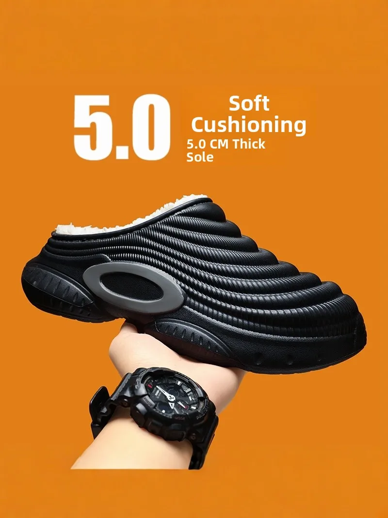 

Men's Winter Cotton Slippers Fleece Lined Fur Integrated Head Covered Slip-On Shoes Anti-Slip Waterproof Casual Wear
