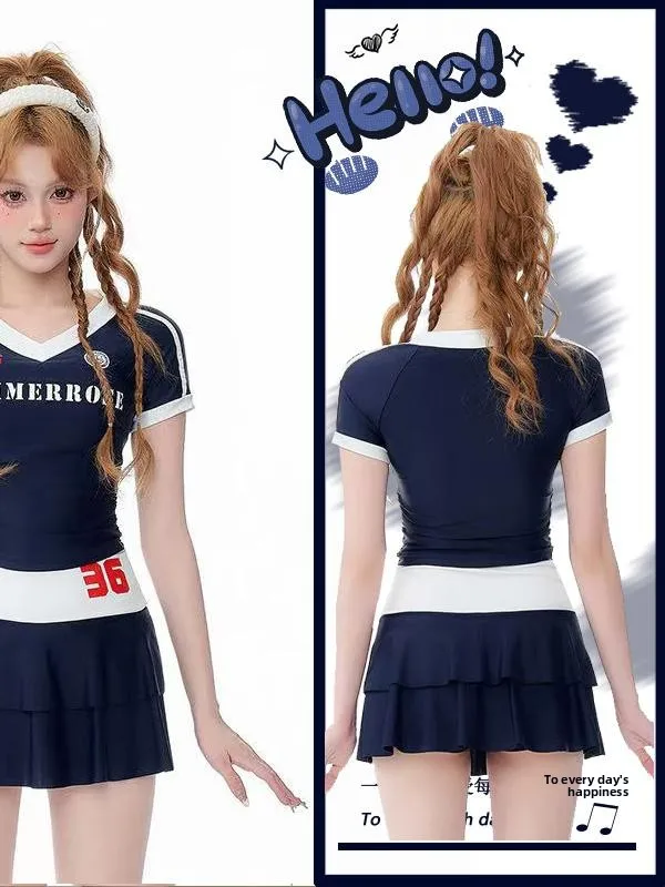 

Консервативный раздельный купальник для девочек с V-образным вырезом и коротким рукавом, с эффектом похудения, спортивный, для горячих источников