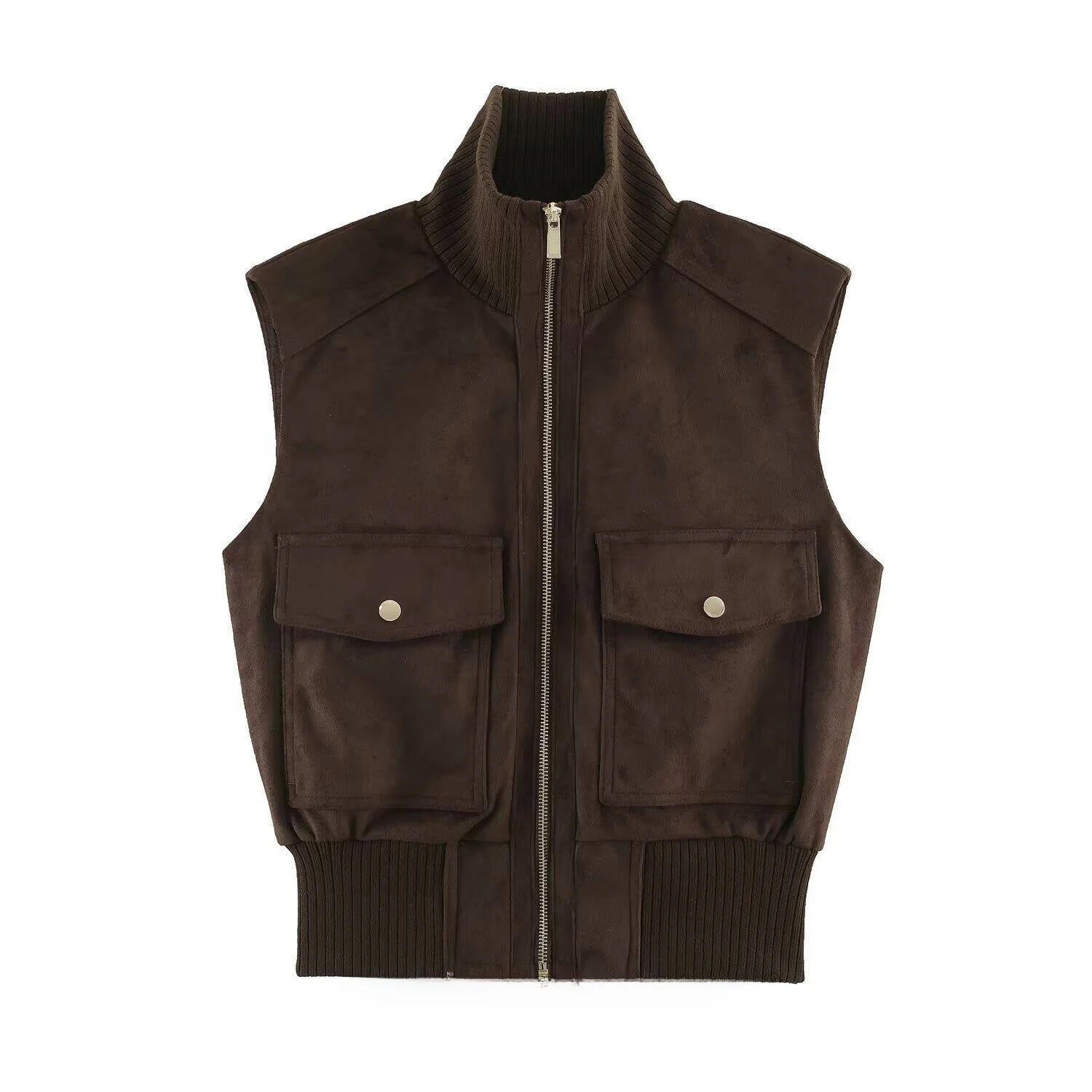 Fashionable Retro Sleeveless Stand Collar Faux Suede Zipper Vest Women's New Autumn 2026 Simple Match All Seasons Clothing