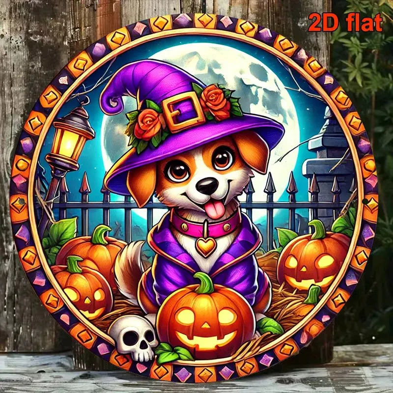 2D Flat, 1pc 8x8in/20x20cm 2D Flat Round Sign, Vintage Decorative Plaque Featuring a Cute Halloween Dog, Halloween Themed Decora