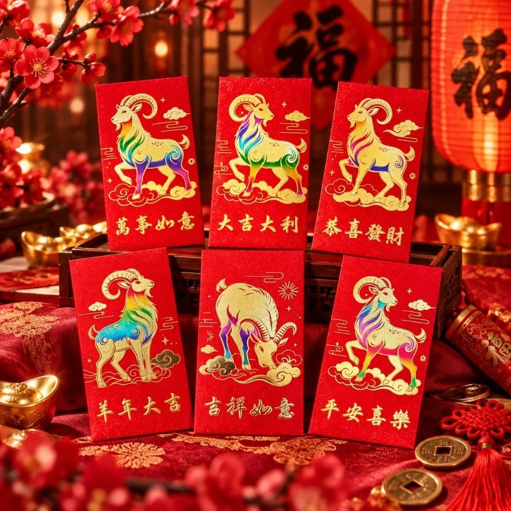 6PCS/Set Lucky Red Envelopes Gold Foil Design New Year Blessing Cash Gift Envelopes Chinese Style New Year Red Packets