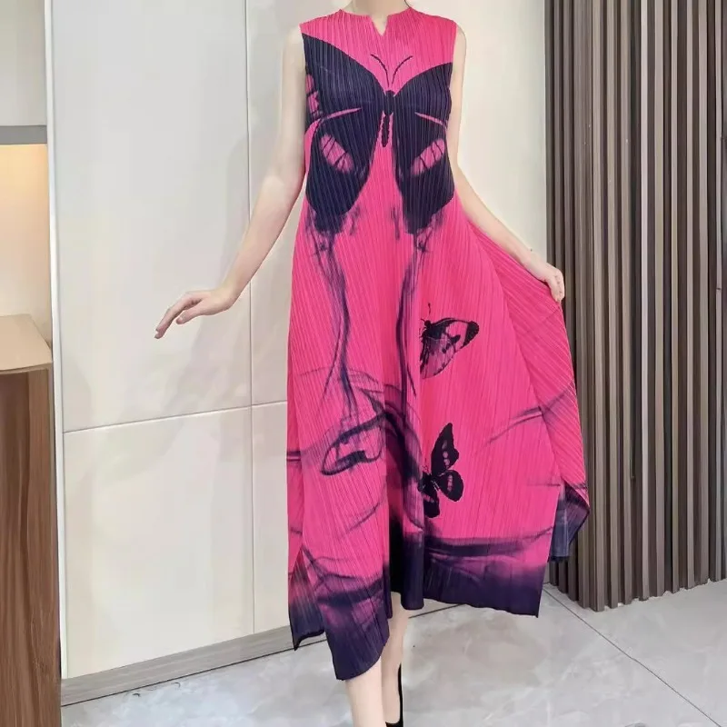 

Miyake Pleated Sleeveless Small V-neck Fashionable Loose Casual Mid Length Dress, Summer Simple and Versatile Women's Clothing