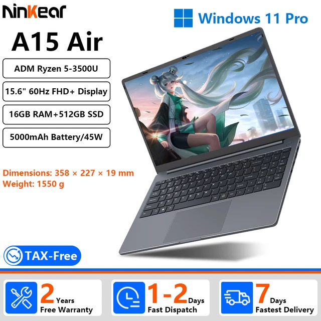 [Ship From Within Europe]Ninkear A15 Air Laptop AMD Ryzen 5 3500U 15.6" FHD+ Display 16GB DDR4+512GB SSD Wi-Fi 5 Bluetooth 4.2 Windows 11 Pro 45.6Wh Battery 45W Charging