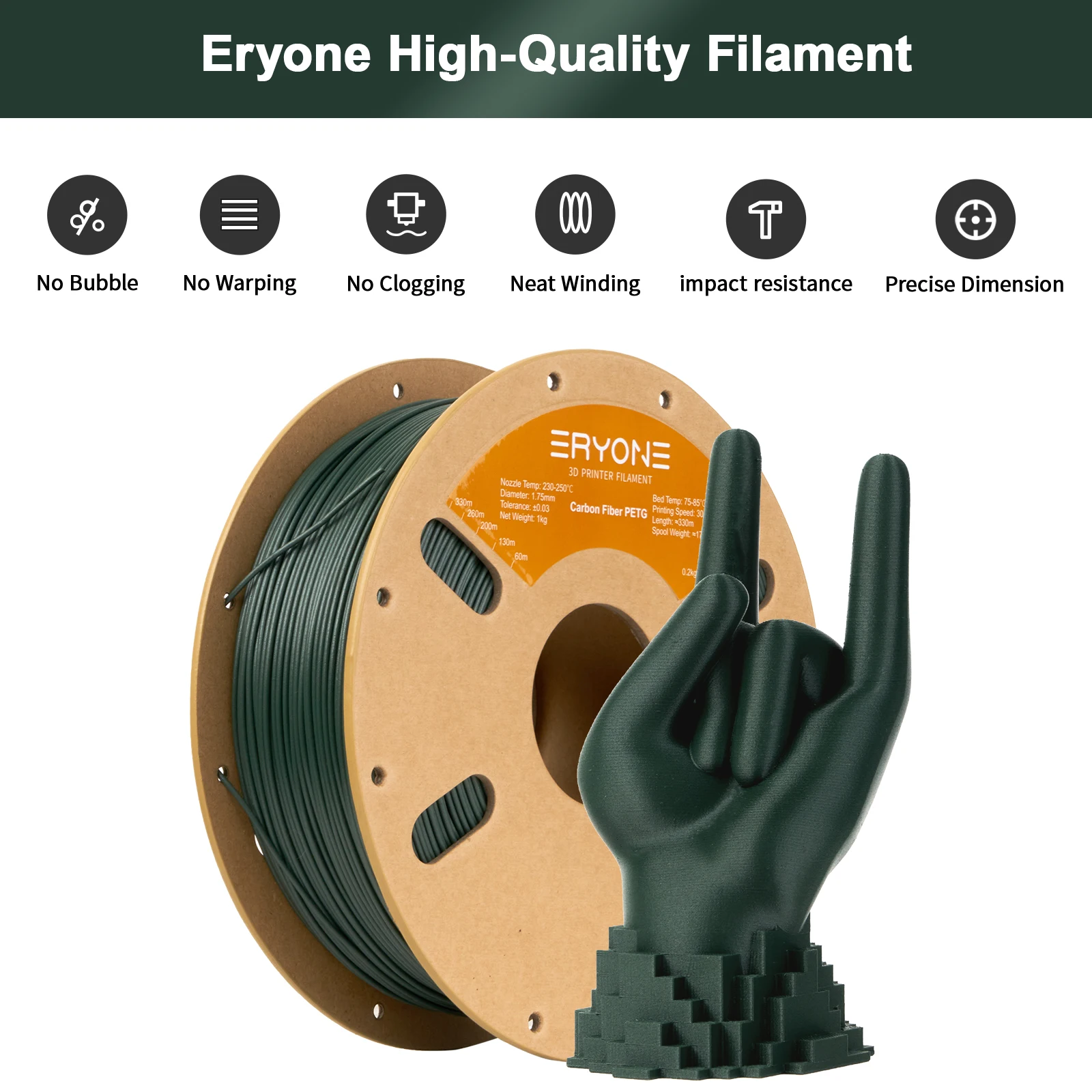 ERYONE-filamento de fibra de carbono PETG para impresora 3D FDM, alta dureza, tolerancia de 1,75mm ± 0,03mm, 1KG, envío rápido