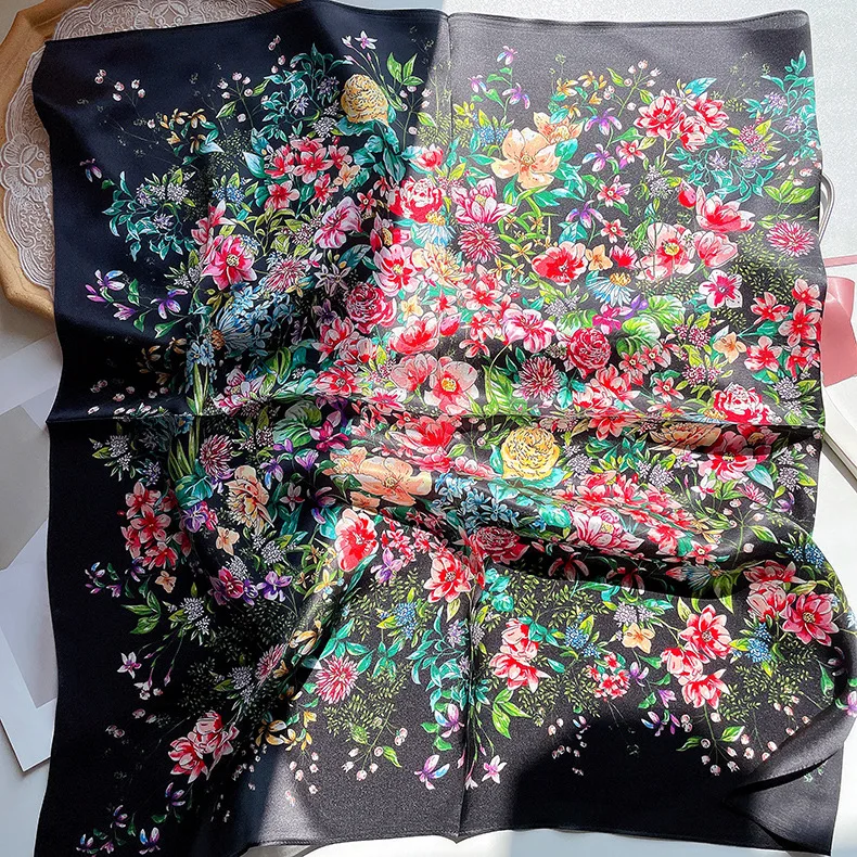 

Черный шелковый шарф шелковицы 65 см, роскошные дизайнерские квадратные банданы, летняя женская одежда, сумка на голову, аксессуары, рождественский подарок для влюбленных