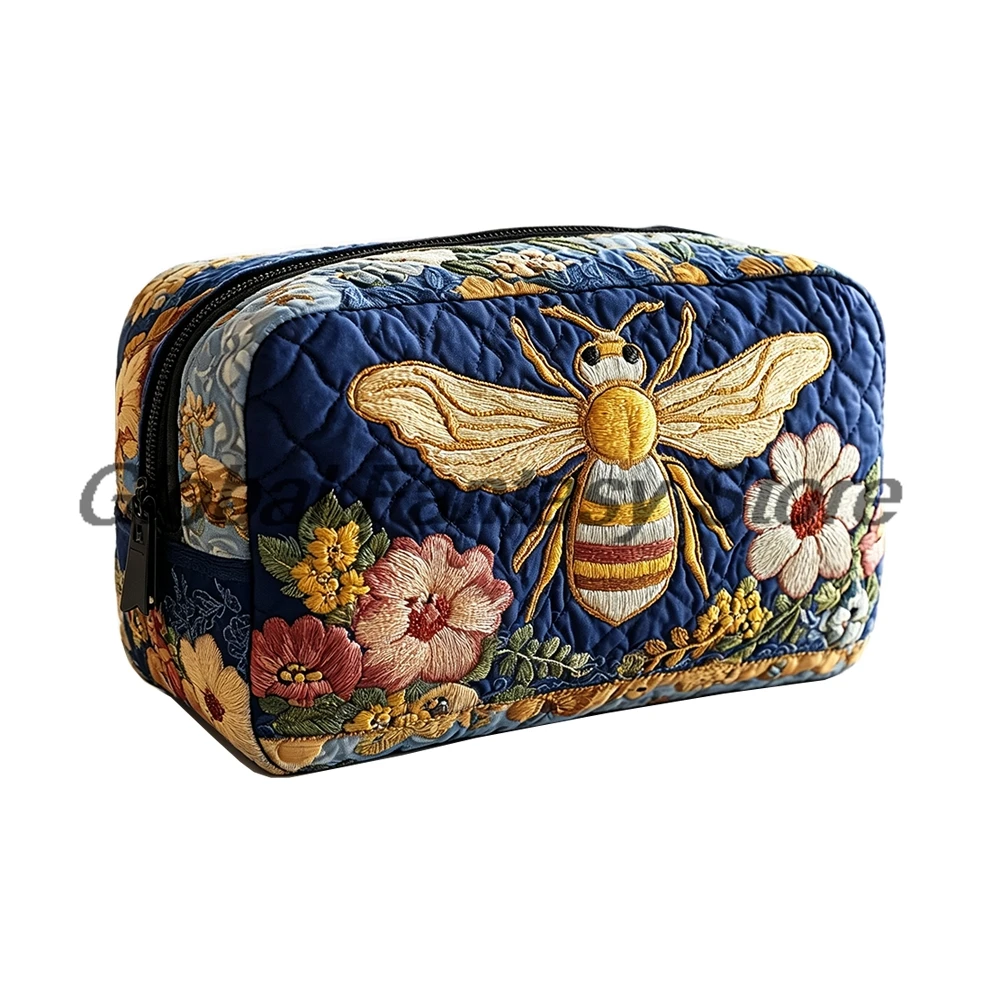 Boho Honeycomb Bee Quilted Makeup Bag Vintage Travel Toiletry Bag Zipper Portable Cosmetic Bag For Women