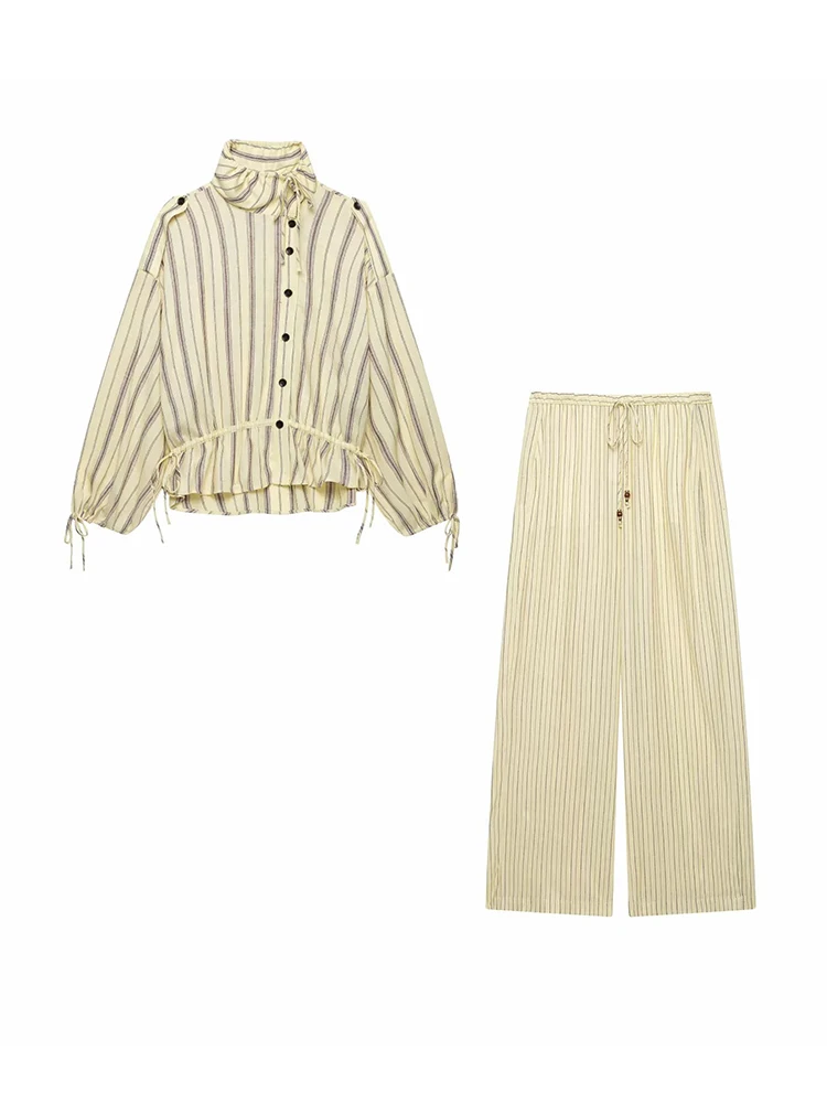 Women's Striped Pilot Zipper Long Sleeves Jacket Wide 2-piece Adjustable Hem Striped PantsSets