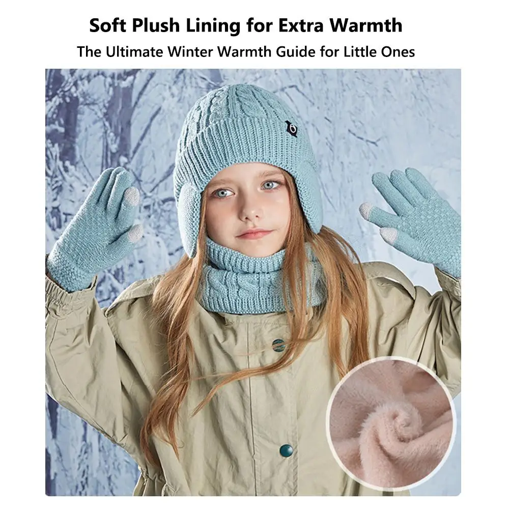 Fleece Lined Children's Hat Neck Scarf Gloves Set Warm Winter Neck Warmers Thick Ear Protection Earflap Beanies