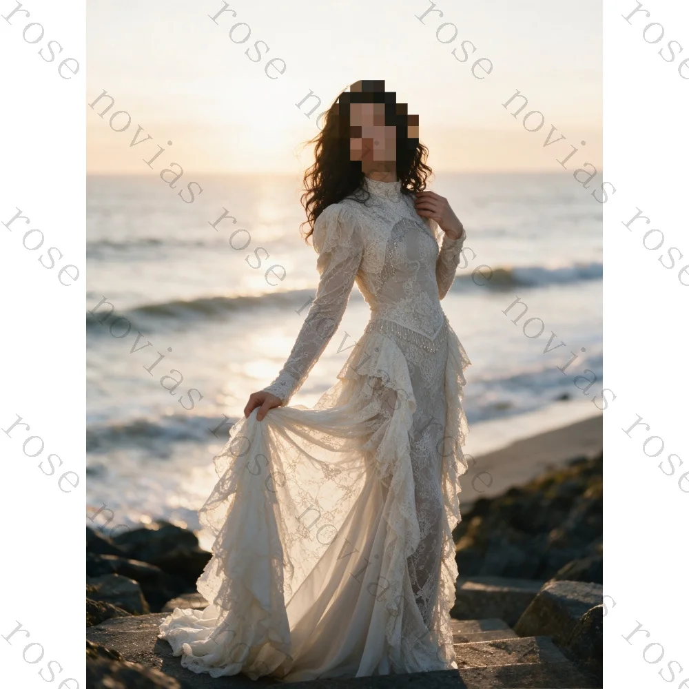 Customized Retro Lace Ruffle Mermaid Wedding Dress New Romantic High Neck Bubble Sleeves A-line Bridal Gown Suitable for Parties