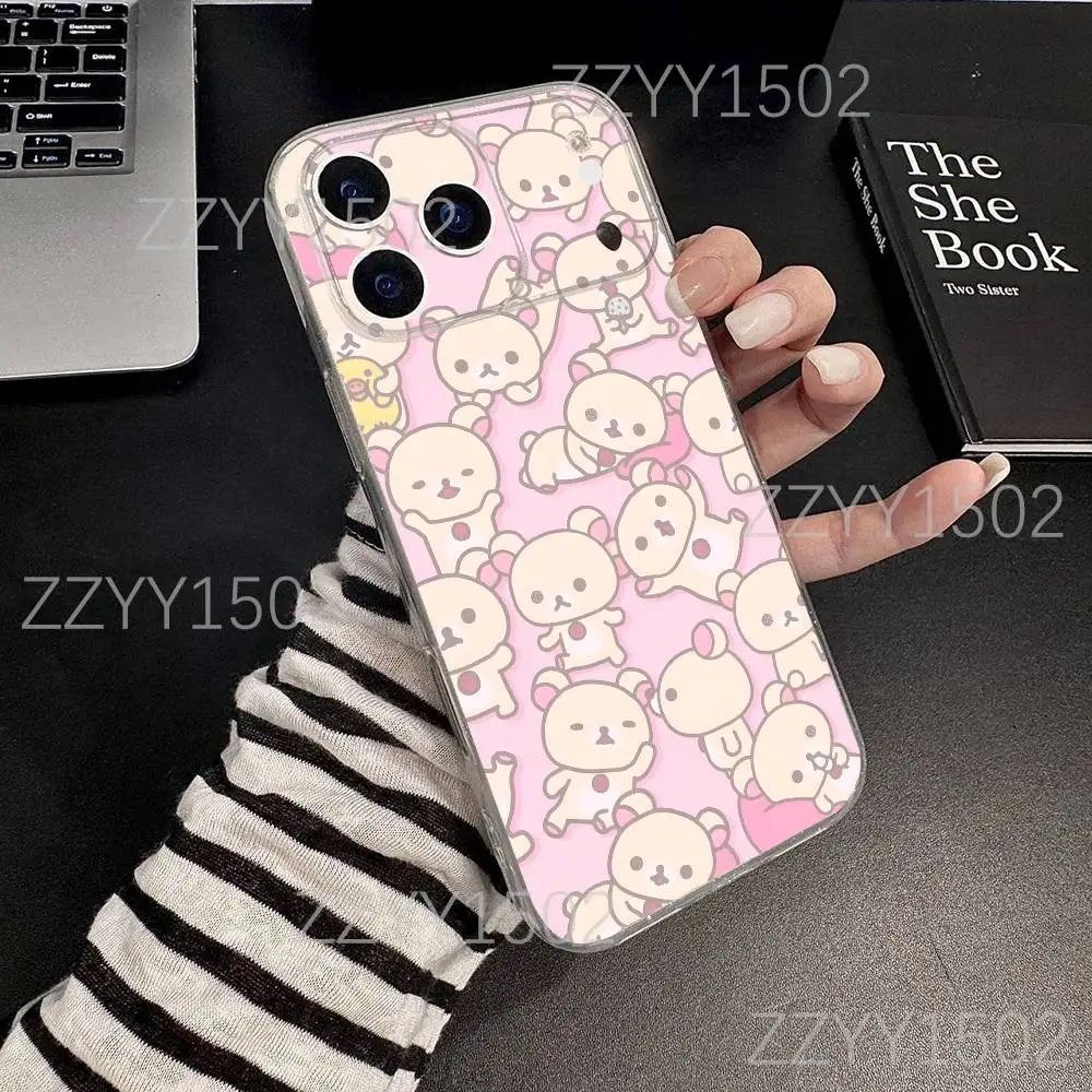 Capa de telefone fofa de urso r-rilakkuma para iphone 17,16,15,14,13,12,11 pro, max, plus, x,xs, xr, se4, e mini transparente macio