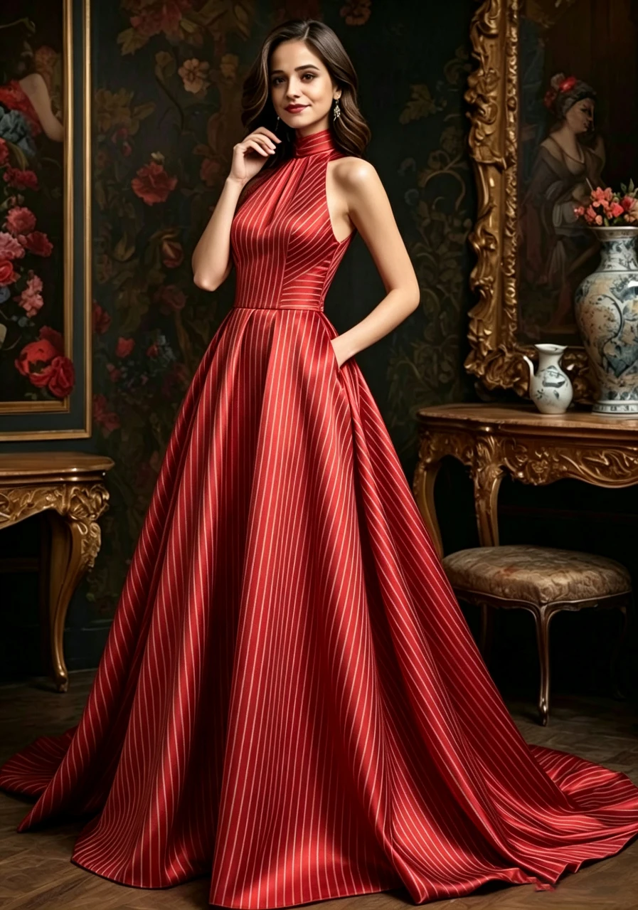 

Vertical Stripe Print Maxi Gown Halter Sleeveless A-Line Formal Evening Dress Elegant Wedding Guest Prom Party Dress for Women