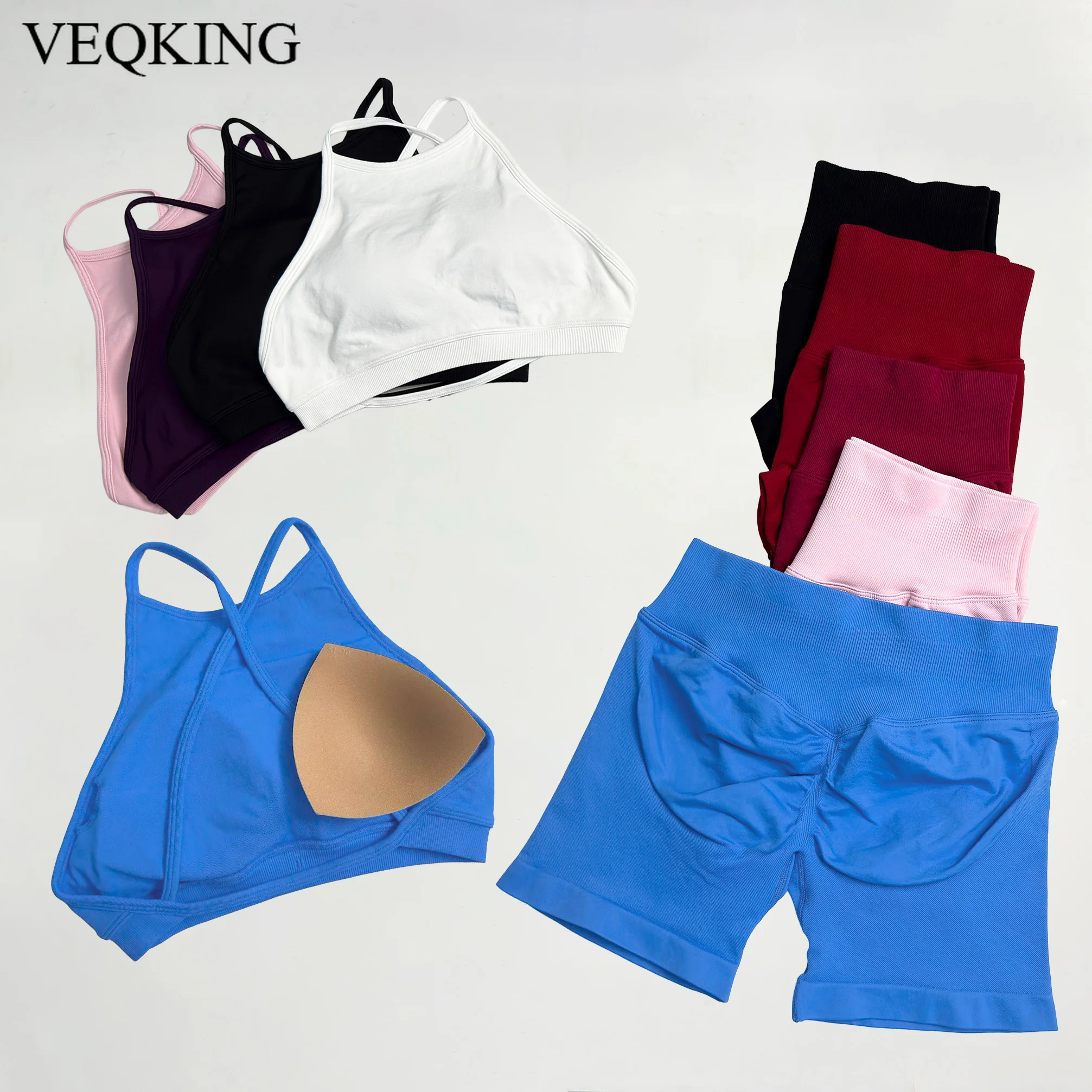 

VEQKING no logo Sports Bras Shorts Sets Seamless High Neck Yoga Crop Tops Padded Open Back Gym Vest Scrunch Butt Workout Tights