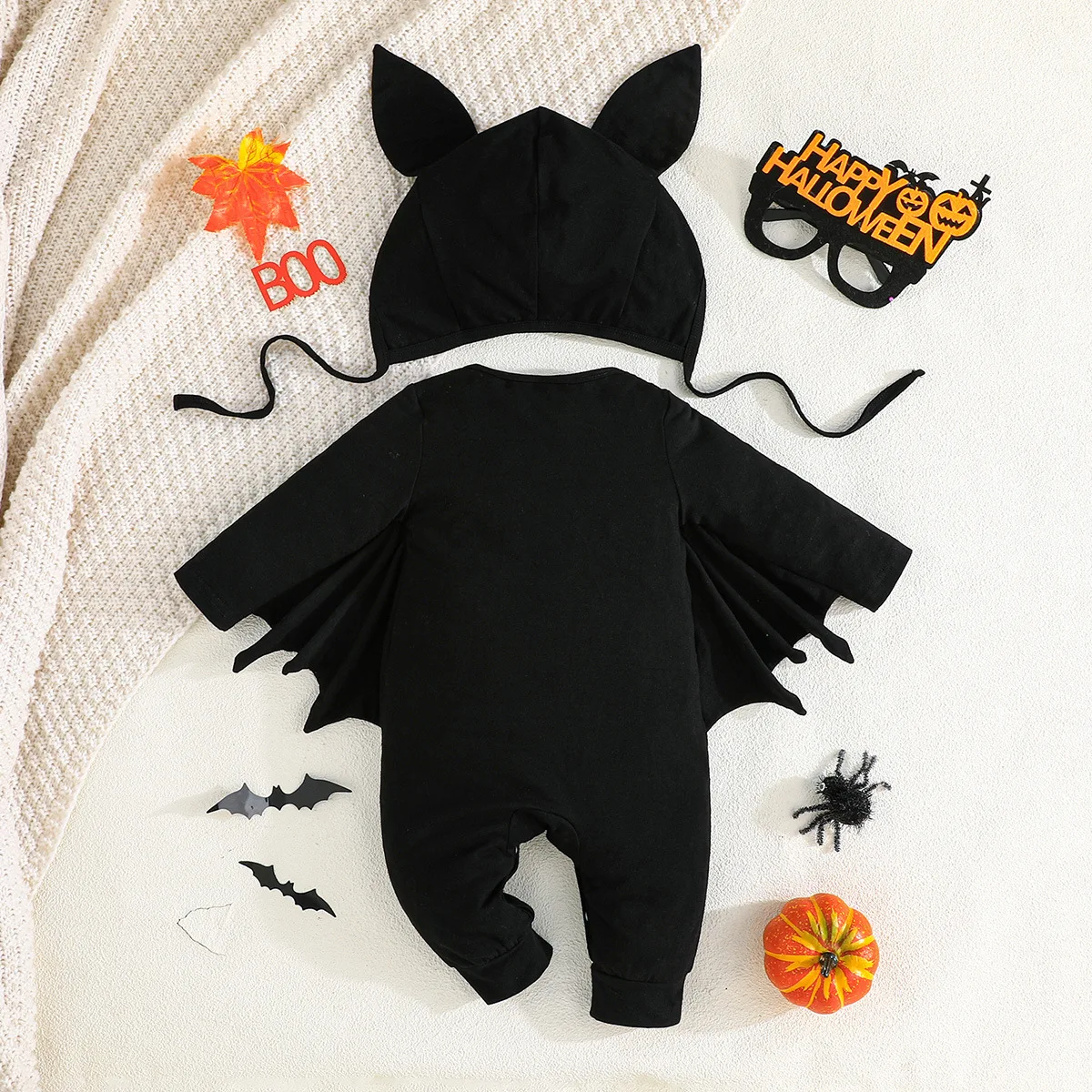 Kid Halloween Baby Clothes Set Bat Ear Hooded Headpiece and Glow in The Dark Skeleton Print Winged Romper for Children Unisex