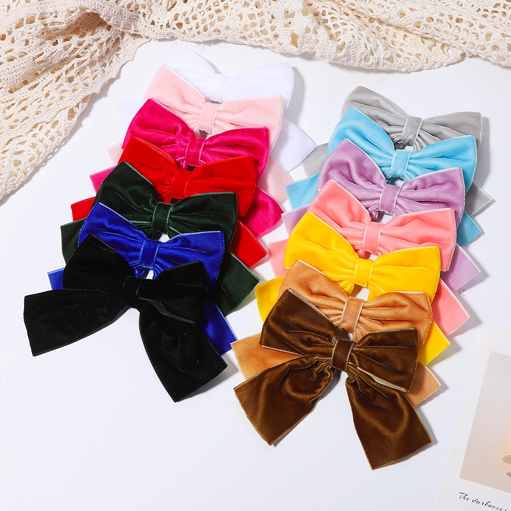 1Piece 4.3'' Solid Velvet Hair Bows For Girls Hair Clips Baby Boutique Hairpin Handmade Barrettes Headwear Kids Hair Accessories