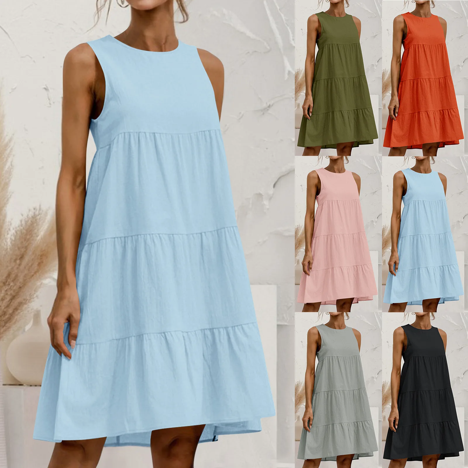Scollo a V grande altalena tinta unita allentato senza maniche Boho le donne indossano abiti estivi casual con canotta smock abiti lunghi vestito estivo a pieghe