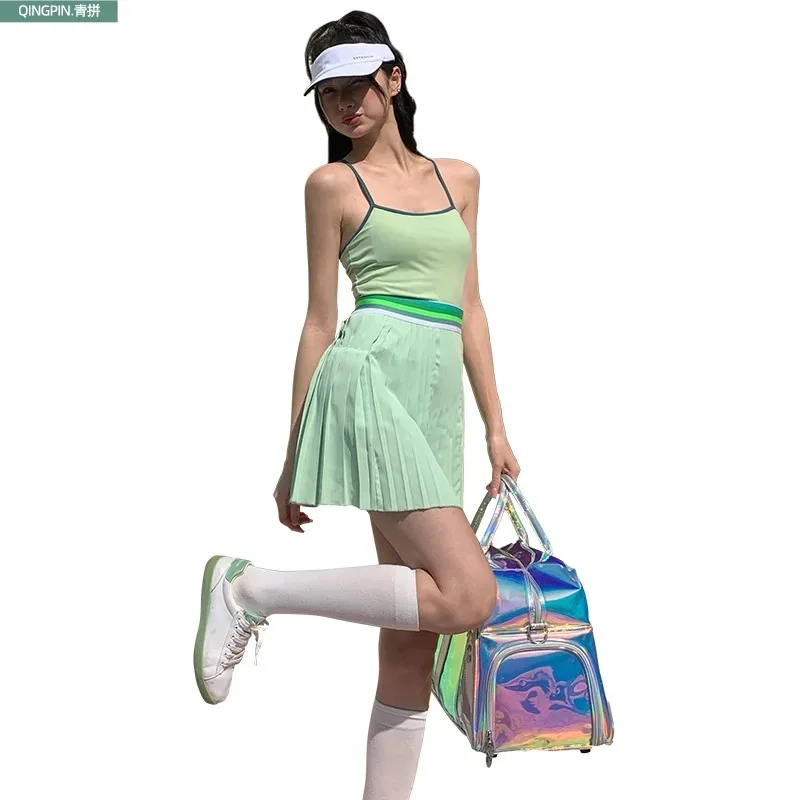 Green Spaghetti Strap Dress with Shorts Pocket Tennis Golf Wear Two Piece Set Badminton Sport Workout Clothes Casual Outdoor