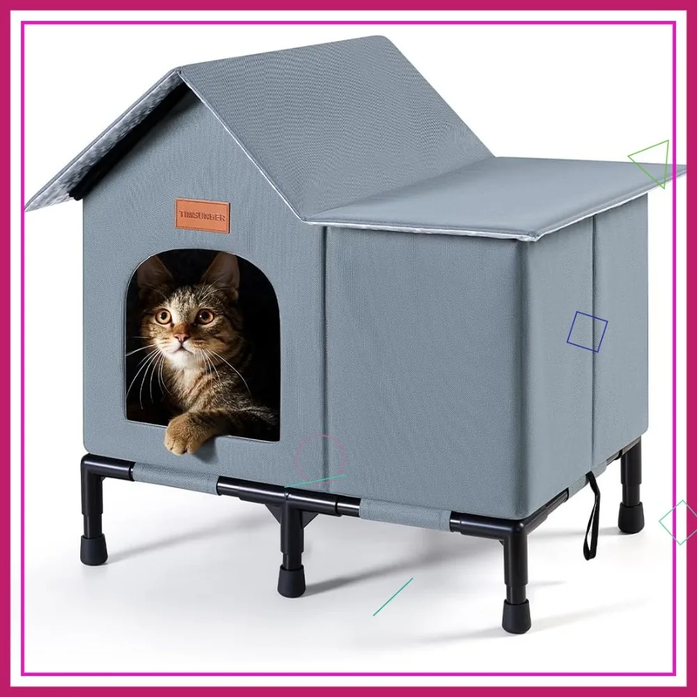 

Утепленный уличный домик для кошек с самонагревающимся механизмом, водонепроницаемой крышей и приподнятым дном для всесезонной защиты, серый, большой размер