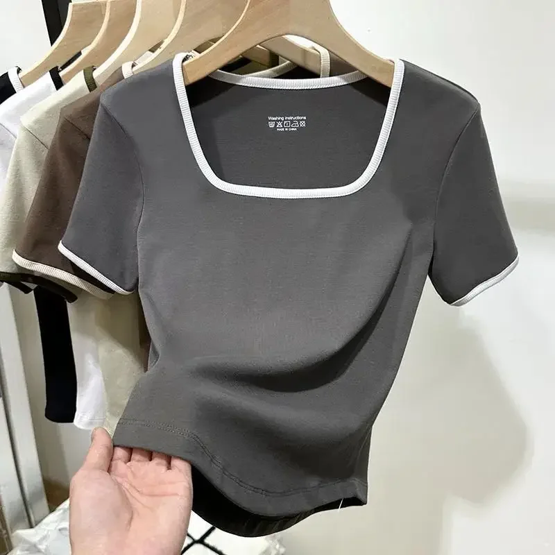 T-shirts Women Slim Square Collar Summer Hotsweet Crop Tops Elastic Gentle Ulzzang Student Young Simple Daily Teens Harajuku Y2k