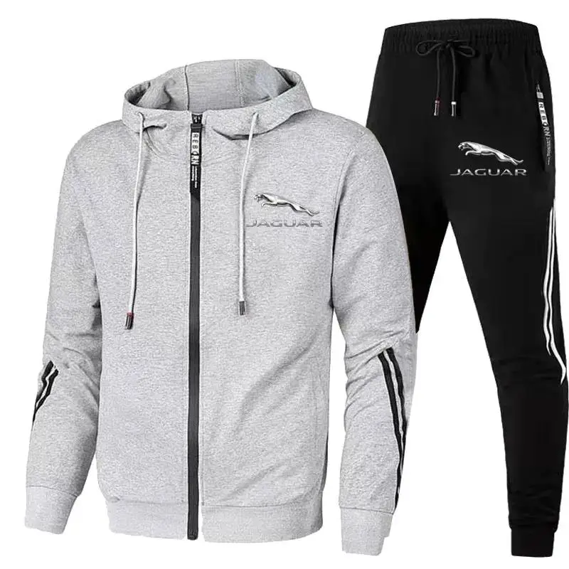 Men Jaguar Car Logo Print 2 Piece Sets Sportswear Zip Hooded Sweatshirt+Pants Gym Running Clothing 2024 New Tracksuit