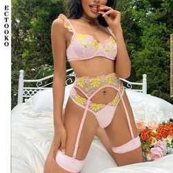 ECTOOKO-Ensemble de Lingerie Sexy Rose 3 Pièces avec Bas, Sous-Vêtements à Broderie Florale et à Volants