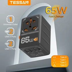 Adaptador de viaje de enchufe internacional TESSAN 65W GaN con USB tipo C adaptador de corriente Universal mundial enchufe UE/REINO UNIDO/EE. UU./AUS para viajes