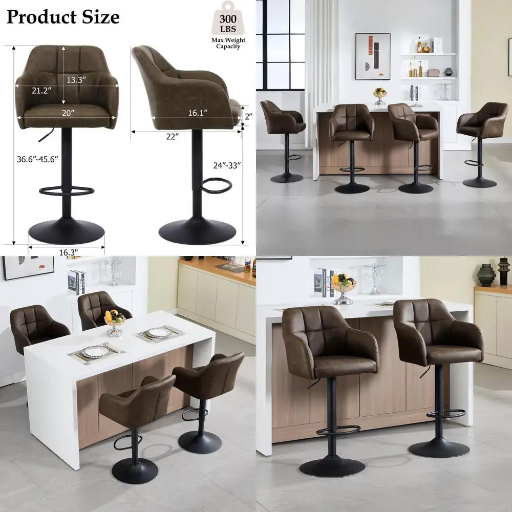 

Set of 4 Brown Leather Swivel Bar Stools with Armrests for Adjustable Counter Height, Suitable for Kitchen, Dining, and Cafe Use