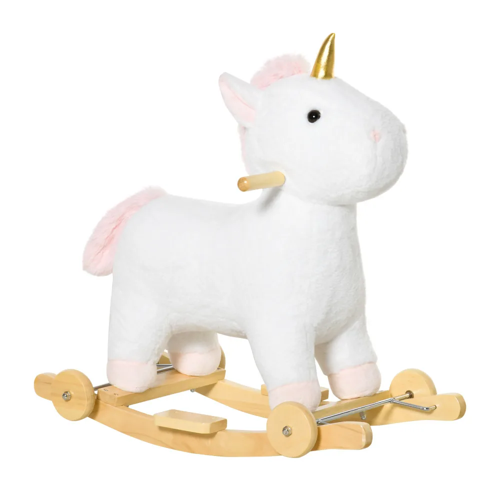 Rocking Horse, 2 in 1 Kids Ride on Horse, Rolling Unicorn Animal Rocker with Sound, Wooden Base, Pedal, Grip Handle