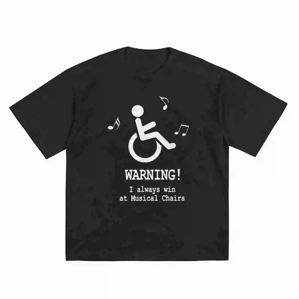 Disabled Humor Musical Chairs Wheelchair Short Sleeve Tee 100% Cotton T-Shirt