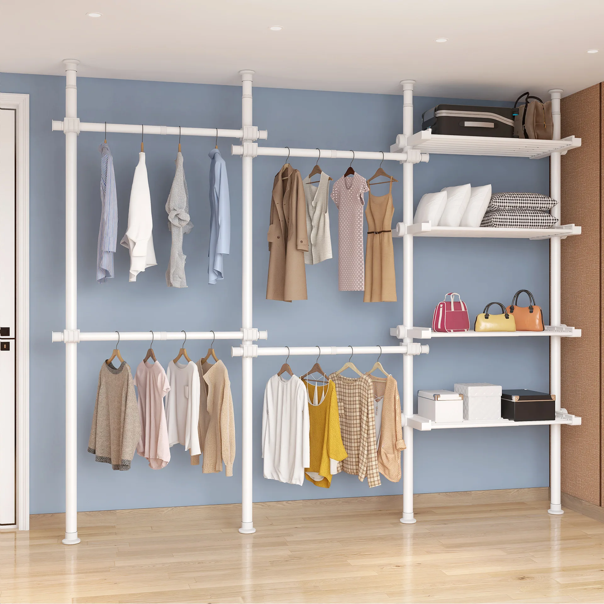 Mm Freestanding Telescopic Metal Clothes Rack No-Drill Floor Support Optional Track Curtain Sets Bedroom Wardrobe Organization
