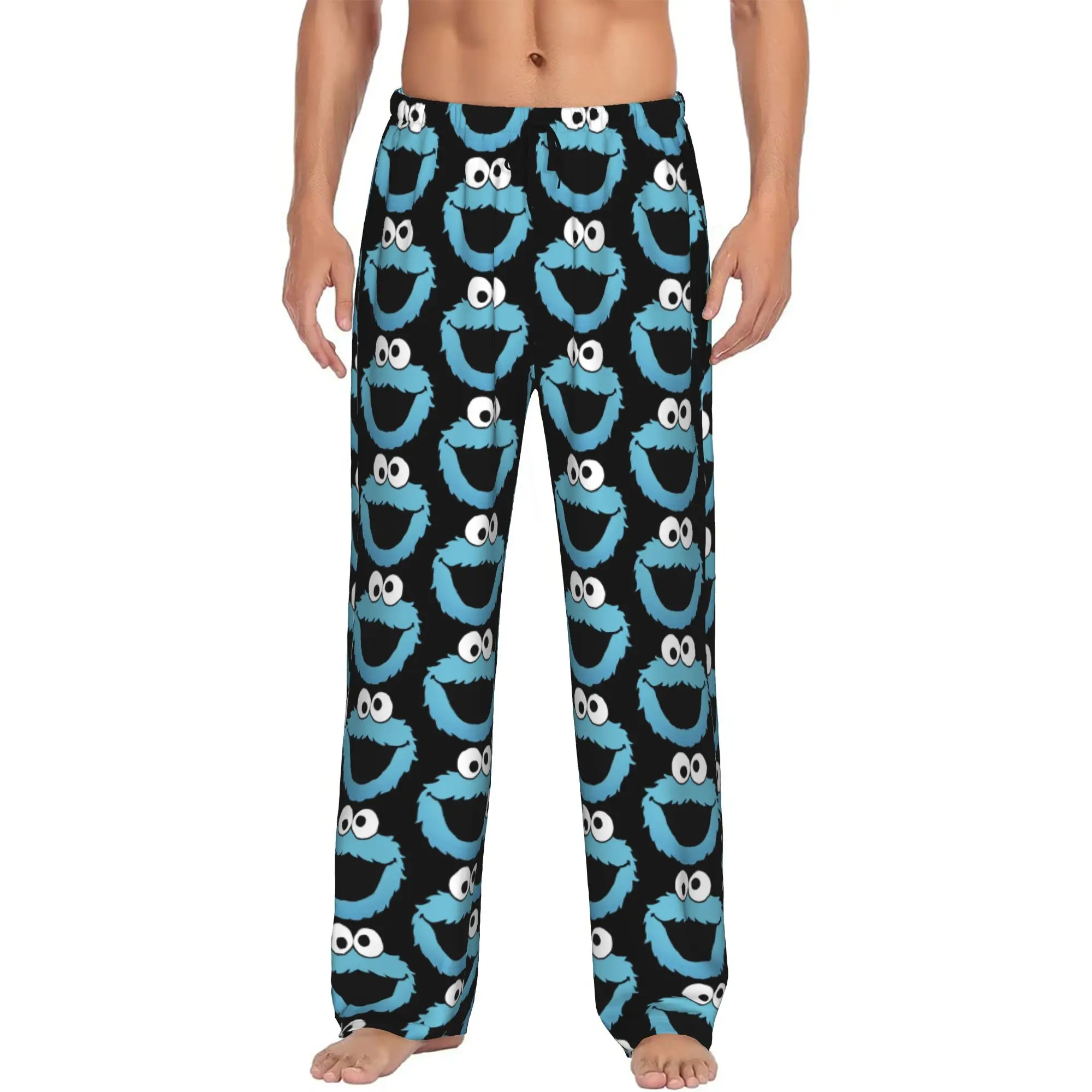 Custom Print Men's Cookies Anime Monsters  Pajama Pants Elmo Cartoons Sleepwear Sleep Lounge Bottoms with Pockets